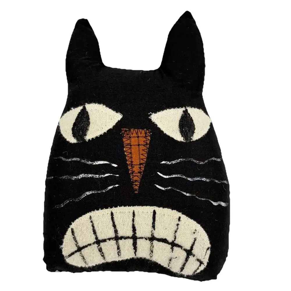 Vintage Handmade Halloween Spooky Black Cat Plush Pillow Decor 5x7”